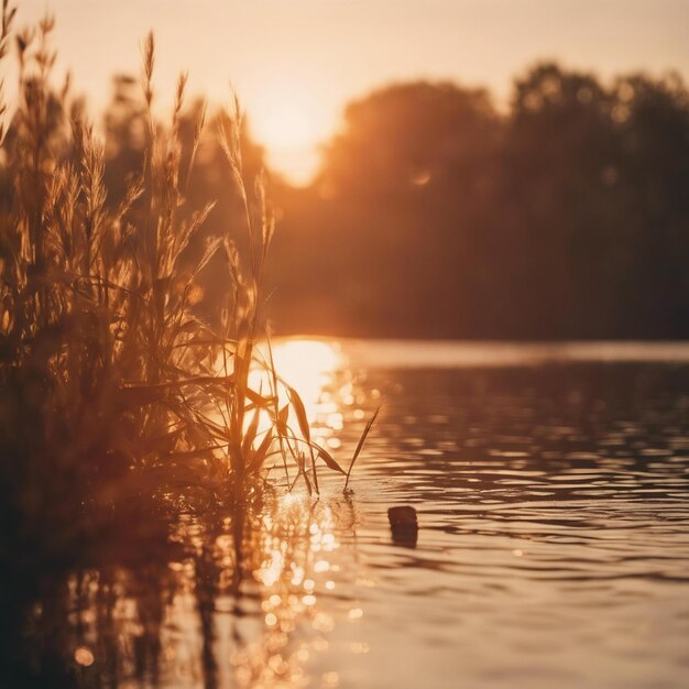 Beaux détails d'été au lever du soleil heure d'or sur le lac