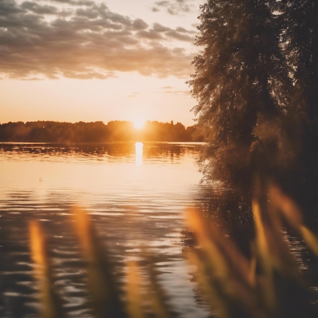 Beaux détails d'été au lever du soleil heure d'or sur le lac