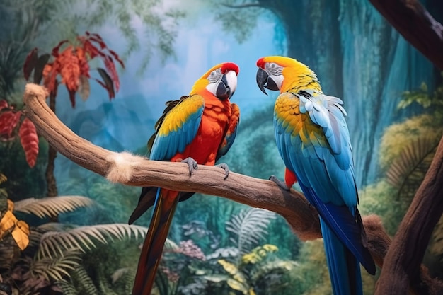 Beaux deux oiseaux perroquets sur une branche d'arbre photo Art généré par l'IA