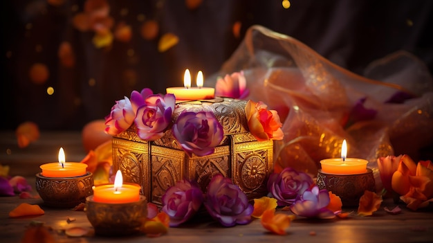 Beaux diyas diwali avec cadeau et fleurs Happy