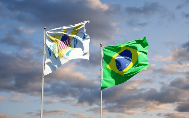 Beaux Drapeaux D'état National Des îles Vierges Américaines Et Du Brésil Ensemble Sur Ciel Bleu