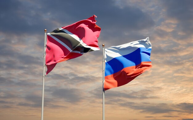 Beaux drapeaux d'état national de Trinité-et-Tobago et de la Russie ensemble sur le ciel bleu. Illustration 3D
