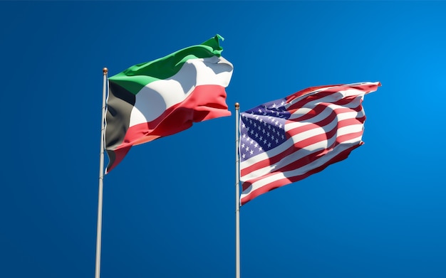 Beaux drapeaux nationaux du Koweït et des Etats-Unis ensemble