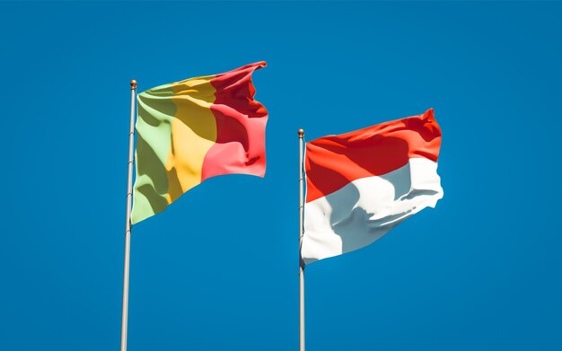 Beaux drapeaux nationaux du Mali et de l'Indonésie ensemble sur ciel bleu