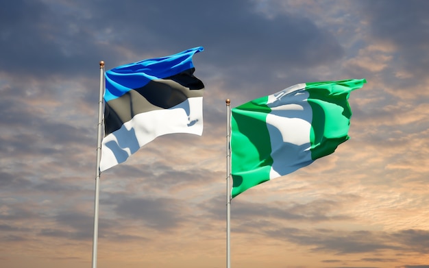 Beaux drapeaux des États nationaux du Nigéria et de l'Estonie ensemble sur ciel bleu