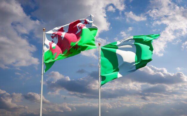 Beaux drapeaux des États nationaux du Pays de Galles et du Nigéria ensemble sur ciel bleu