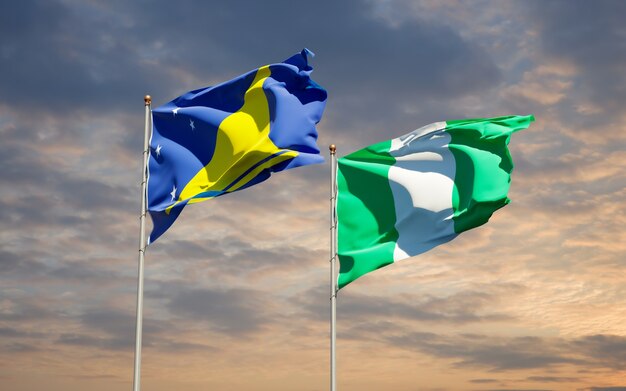 Beaux drapeaux des États nationaux de Tokelau et du Nigéria ensemble sur ciel bleu