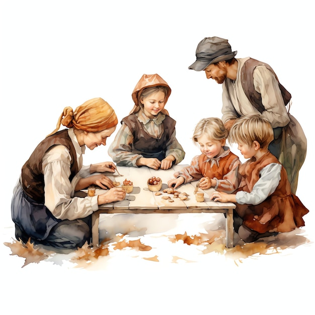 beaux enfants de pèlerin jouant à des jeux illustration clipart aquarelle