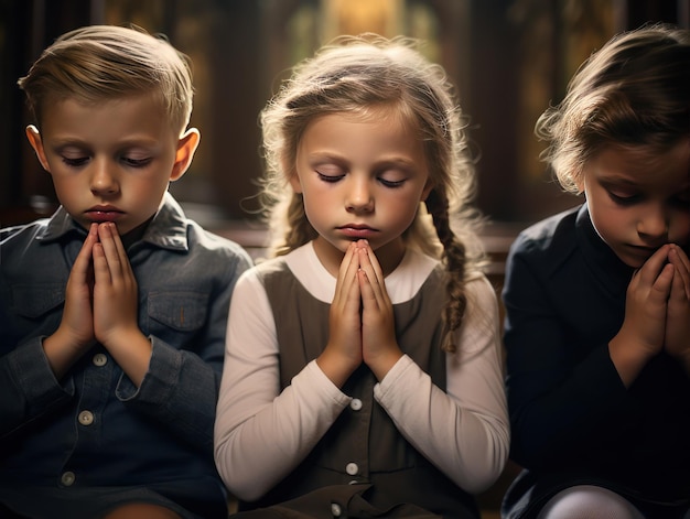 Beaux enfants priant Dieu à l'intérieur d'une église