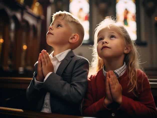 Beaux enfants priant Dieu à l'intérieur d'une église