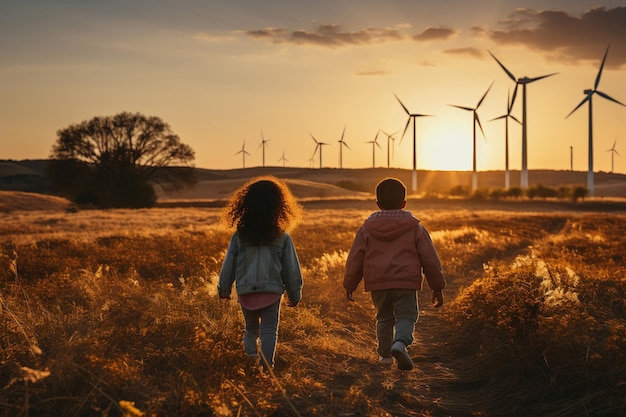 Beaux enfants profitant d'un parc éolien grâce à des éoliennes au coucher du soleil IA générative