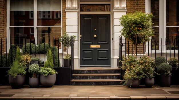Beaux extérieurs et porte d'entrée d'une plante de maison dans des pots sur la rue de Londres générative ai