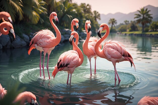 De beaux flamants roses dans le lac