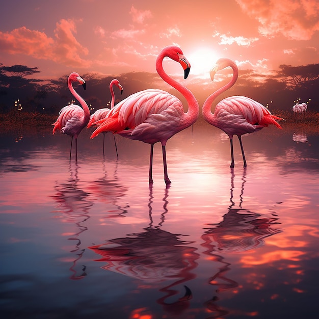 Beaux flamants roses dans le lac