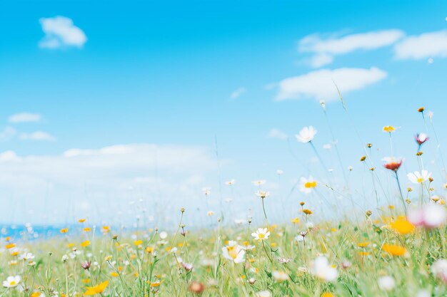 Photo beaux fond floral brouillé du printemps nature avec une clairière en fleurs de marguerites et un ciel bleu par une journée ensoleillée