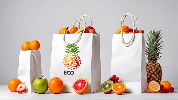 De beaux fruits biologiques mûrs et savoureux dans des sacs en papier sur la table