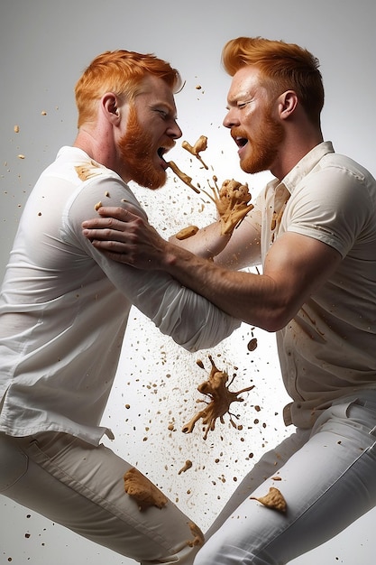 Photo de beaux gays roux en chemise blanche et en jeans blancs qui se battent tous les deux couverts de nourriture salée.
