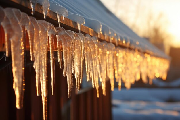 De beaux glaçons sur le toit avec l'éclat du soleil le jour glacé de l'hiver