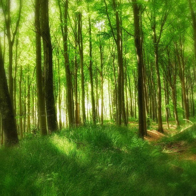 De beaux grands arbres verts dans un grand paysage forestier au printemps Vue sur le parc extérieur avec de l'herbe et de la vie végétale Journée de détente à l'extérieur dans la nature avec la lumière naturelle qui brille à travers les feuilles des arbres