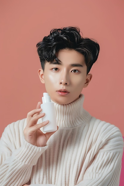 Des beaux hommes coréens portant des vêtements à la mode et tenant une bouteille blanche de soins de la peau AI Image