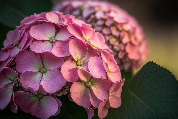 De beaux hortensias roses fleurissent de près et pendant la journée