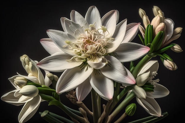 De beaux lys blancs sur un fond de couleur unie gros plan décor floral ai génératif