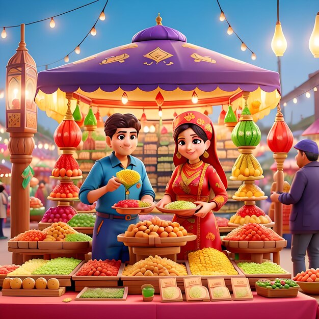 Photo beaux marchés animés de nowruz avec des bonbons traditionnels, des fruits et des décorations