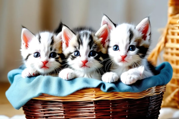 De beaux et mignons chatons dans un panier adorables pour une carte postale