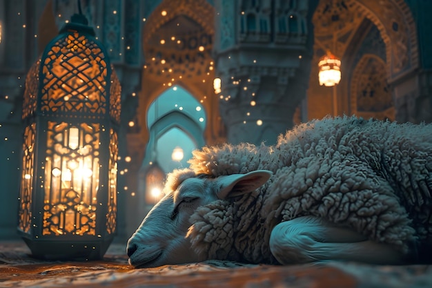 Beaux moutons ou agneaux d'Eid al-Adha avec un fond islamique pour le design post d'eid al-Addha coloré