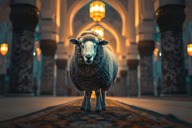 Beaux moutons ou agneaux d'Eid al-Adha avec un fond islamique pour le design post d'eid al-Addha coloré