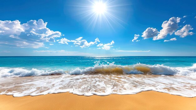 Photo beaux océans avec des vagues et des plages de sable ciel bleu avec des nuages lumière du soleil illustration générée par l'ia