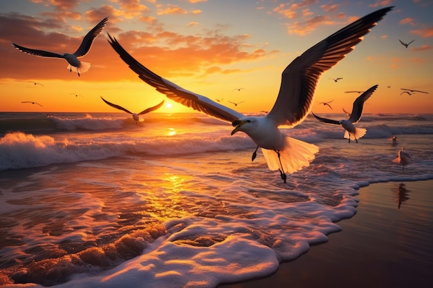 de beaux oiseaux s'élevant gracieusement au-dessus d'une plage de mer leurs ailes étendues contre le fond d'un ciel de coucher de soleil vibrant