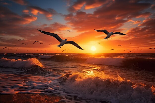 de beaux oiseaux s'élevant gracieusement au-dessus d'une plage de mer leurs ailes étendues contre le fond d'un ciel de coucher de soleil vibrant