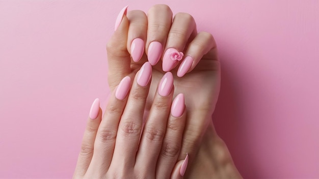 De beaux ongles de femme avec une belle manucure française et une rose rose