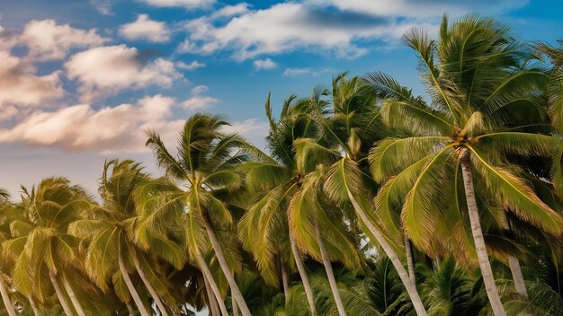 Photo de beaux palmiers verts contre le ciel bleu ensoleillé avec des nuages légers en arrière-plan