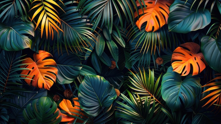 Photo beaux papiers peints tropicaux avec des feuilles de palmier juteux de couleurs sombres