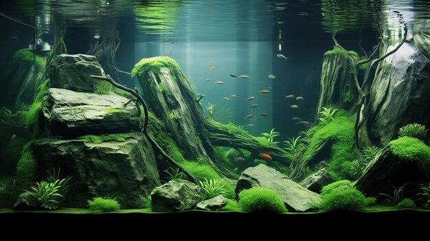 Beaux paysages aquatiques verts avec des plantes et des poissons d'aquarium vivants