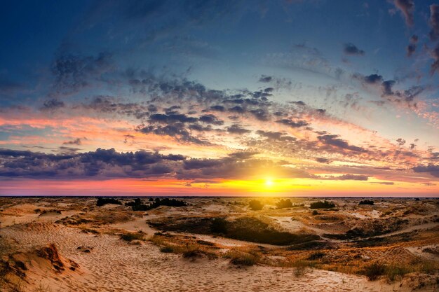 Photo beaux paysages désertiques matinaux au lever du soleil avec des dunes