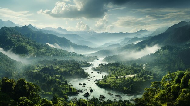 Beaux paysages d'une forêt tropicale de jungle avec une rivière et du brouillard sur les arbres