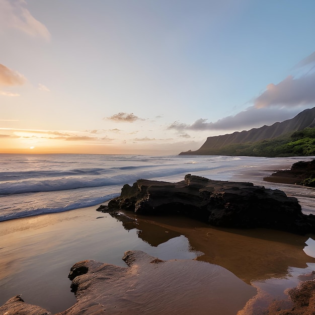 Photo beaux paysages de formations rocheuses au bord de la mer à queens bath kauai hawaï au coucher du soleil