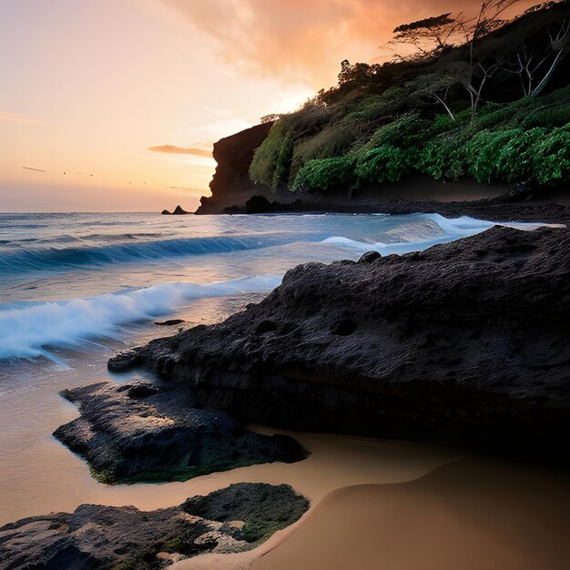 Photo beaux paysages de formations rocheuses au bord de la mer à queens bath kauai hawaï au coucher du soleil