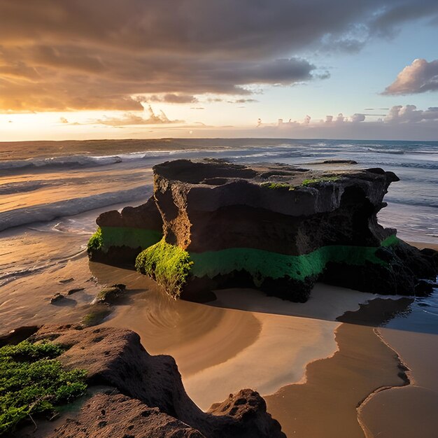Photo beaux paysages de formations rocheuses au bord de la mer à queens bath kauai hawaï au coucher du soleil