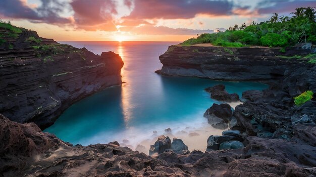 Beaux paysages de formations rocheuses au bord de la mer à Queens Bath Kauai Hawaii au coucher du soleil