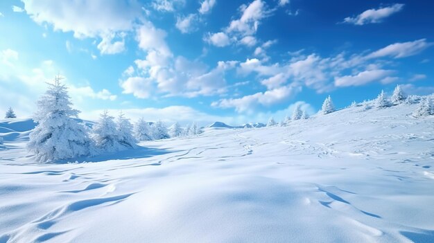 Photo beaux paysages d'hiver avec des sapins enneigés et un ciel bleu 3d