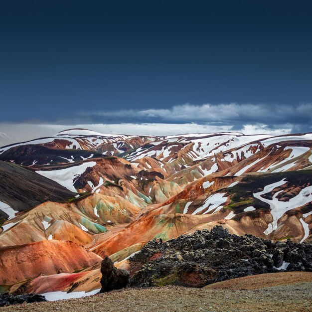 Photo beaux paysages islandais d'arc-en-ciel coloré volcanique montagnes landmannalaugar célèbre sentier de randonnée laugavegur avec un ciel spectaculaire et un sol volcanique rouge en islande gradient copie de l'espace arrière-plan