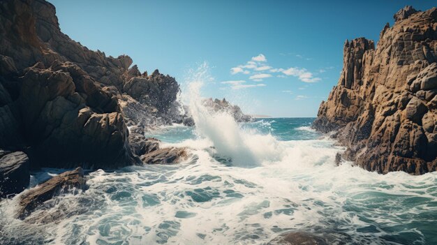 Photo beaux paysages marins avec des vagues qui s'écrasent sur les rochers