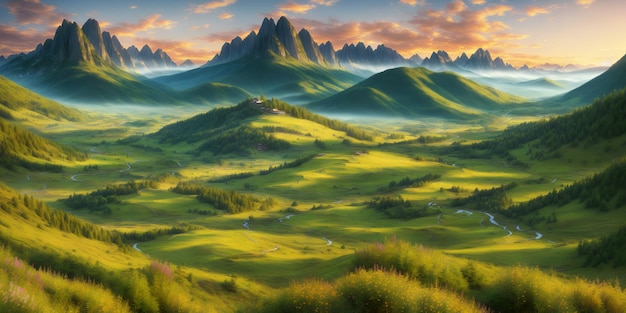 Beaux paysages de montagne d'été au coucher du soleil Illustration avec des montagnes arbres fleurs ciel avec des nuages et soleil couchant Vallée verte avec des forêts bosquets et petites rivières IA générative