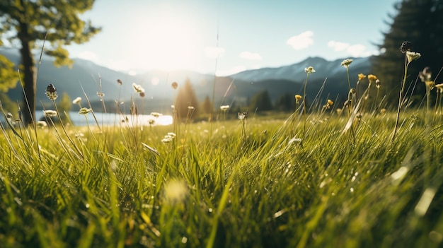 Beaux paysages naturels de l'herbe en fleurs avec la lumière du soleil qui brille sur elle