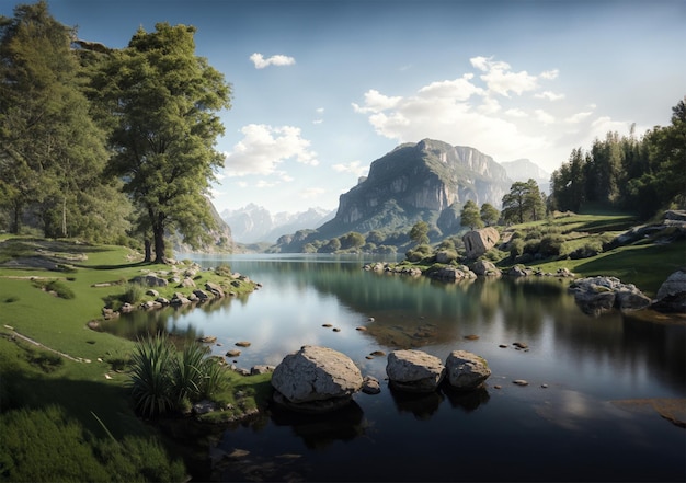 Beaux paysages naturels avec des montagnes vertes ciel bleu arbres lumière du soleil eau et fleurs