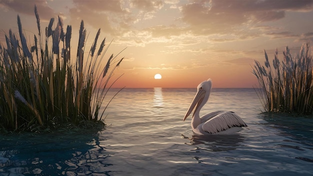 Beaux paysages de phragmites plantées au bord de la mer avec un pélican nageant au coucher du soleil